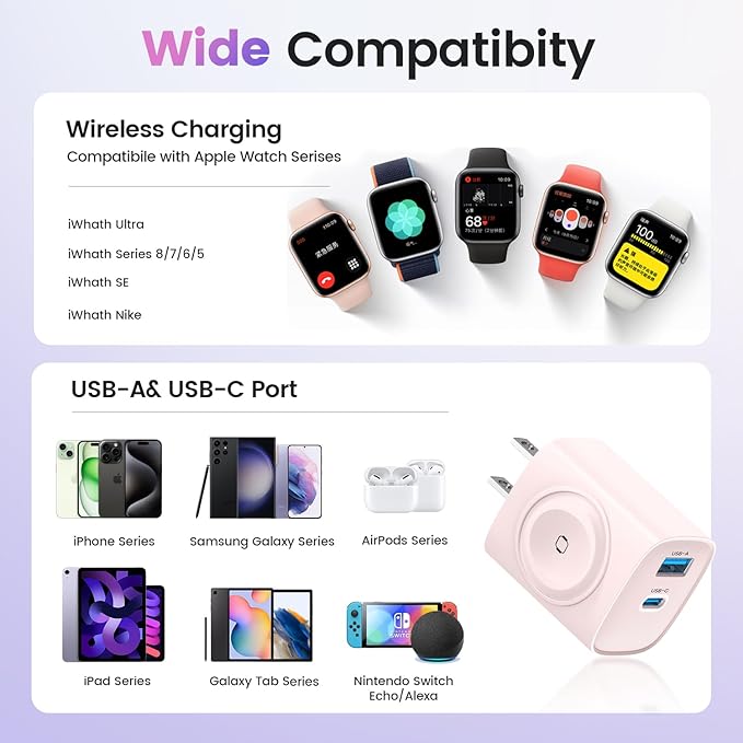 PD 20W USB C Charger Block for Apple Watch,3-in-1 Charging Station with Built-in Wireless Charger, Dual Ports Compatible with Apple Watch, iPhone, AirPods, Black