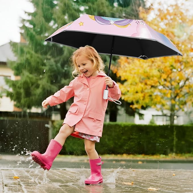Kids Folding Umbrella Auto Open/Close Umbrellas for Rain Round Corner Safe Design UV Resistant Automatic Children Travel Umbrellas Reinforced Canopy 360° Reflective Strip Lightweight for Girls & Boys