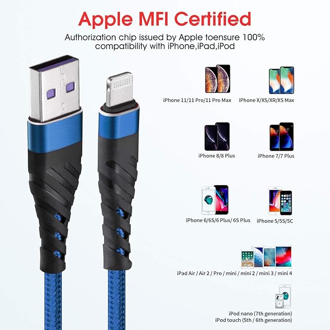 CyvenSmart (2 Pack) Long iPhone Charger 10ft for [MFi Certified], 10 Foot Lightning Cable Fast Charging Cord 10 Feet for iPhone 12/12 Pro/11/11 Pro/11 Pro Max/XS/XS Max/XR/X/8/8 Plus/7/7 Plus/6 Navy