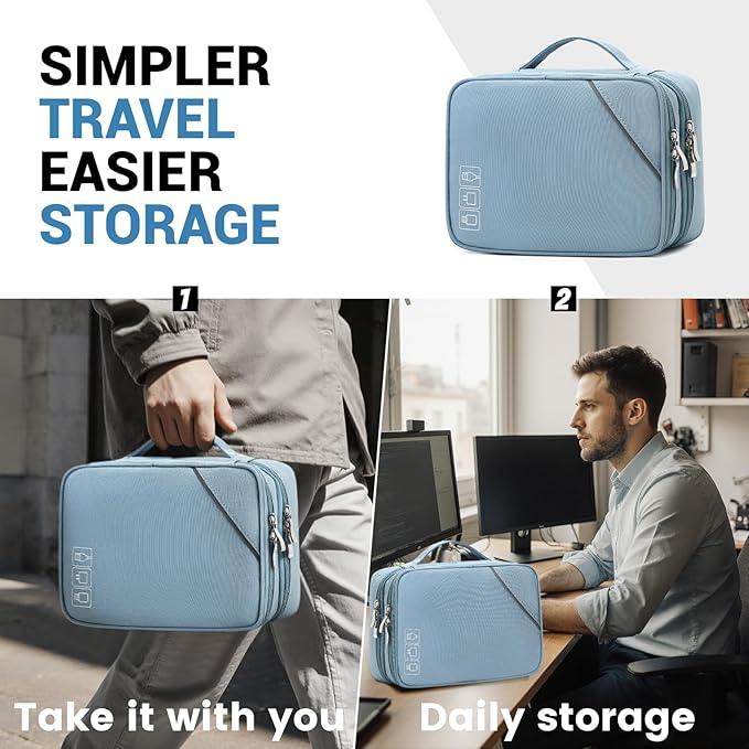 Lanola Electronic Accessories Case,Electronics Travel Organizer, Portable Double Layer Cable Storage Bag for Cord, Charger, Flash Drive, Phone, SD Card,Flash Drive,Adapter - Light Blue