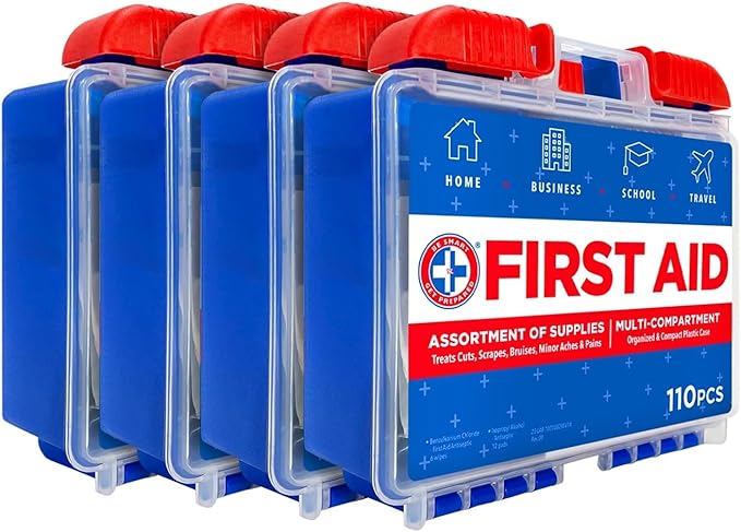 Be Smart Get Prepared 110 pc First Aid Kit (4 Pack): Clean, Treat, Protect Minor Cuts, Home, Office, Car, School, Business, Travel, Emergency, Outdoor, Camping & Sports (Packaging May Vary)