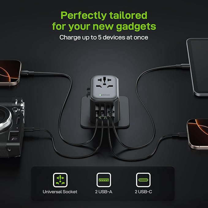 EPICKA Pulse 45W International Power Adapter, Universal Travel Adapter with PD Fast Charging, 5-Port (1 AC/2 USB-A/2 USB-C) European Travel Plug Adapter, Travel Essentials (Black)