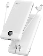 VRURC Portable Charger with Cables and Wall Plug | Power Bank with Cords | 10000mAh Portable Charger with AC Plug | External Battery Pack (Pure White)