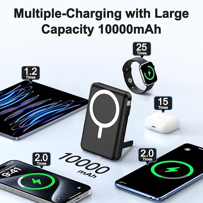Magnetic Portable Charger, 10000mAh Wireless Power Bank for iPhone with Built-in Cables, 20W Fast Charging for Magsafe Battery Pack with Stand for iPhone Air/17/16/15/14/13/12 and Apple Watch