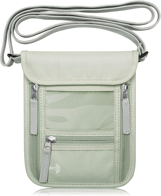 WALNEW Passport Holder Neck Pouch Travel Wallet for Women and Men, RFID Blocking Security Slim Traveling Wallet with Around Neck Lanyard Strap, Light Green