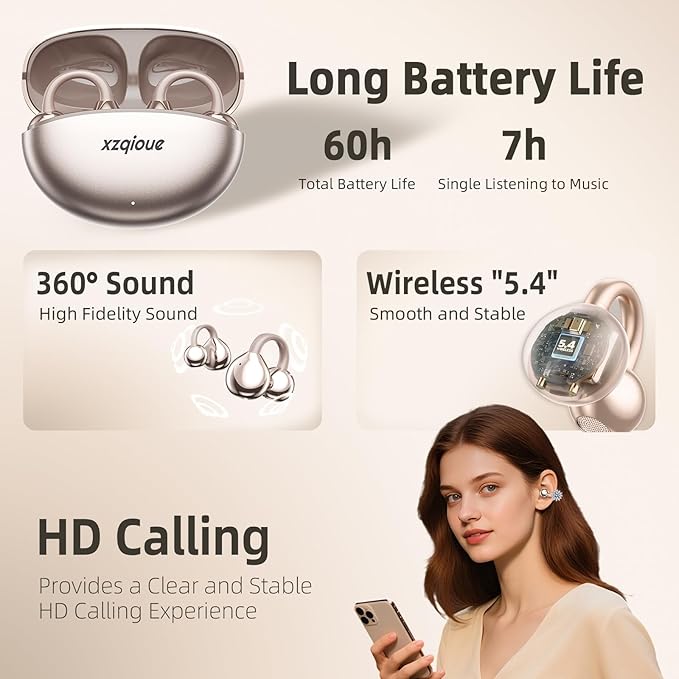 Jewelry-Inspired Clip On Earbuds,Comfortable Fit Open Ear Clip-On Headphones,Wireless Bluetooth Ear Cuff Headphones for Women,Mini Wireless Earrings Earbuds for Running, Office, Sport & Gift
