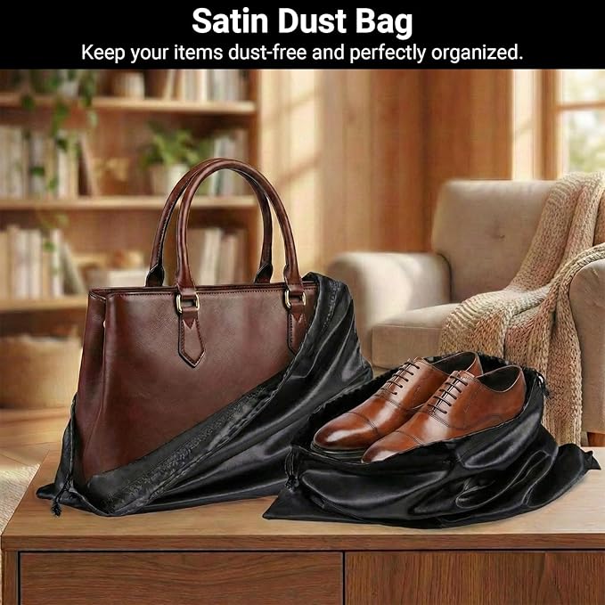 Q&J Fabric Co. 6 Pack Satin Dust Bags for Purses and Handbags - Purse Storage Organizer with Drawstring, Dustproof Travel Storage Pouches for Handbags, Shoes, Boots & Clothes (15.7"x19.7", Black)