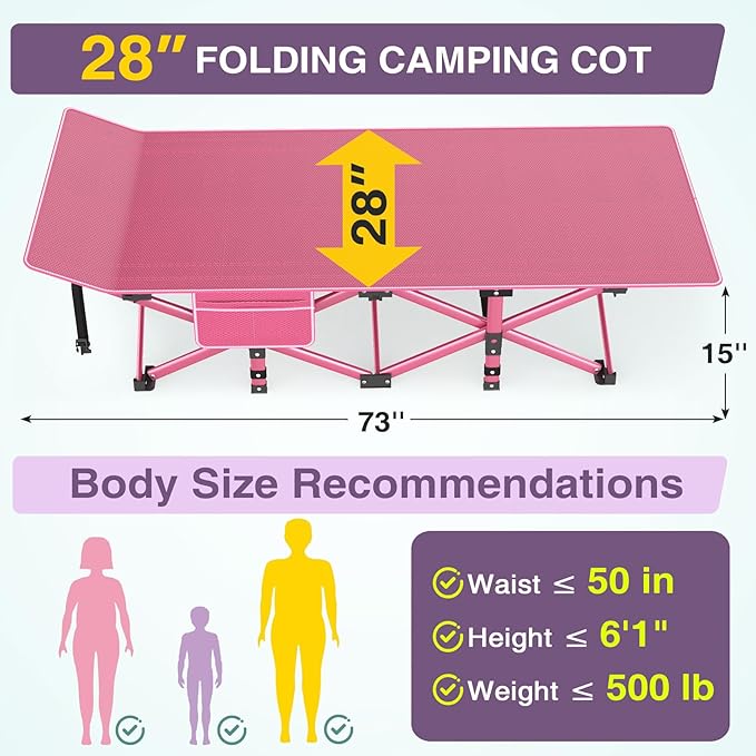 ZENPETIO Camping Cot for Adults - Heavy-Duty Cot Bed with Mattress, Portable Sleeping Cots for Outdoor Indoor, 1200D Oxford Folding Cots for Home Travel, Max Load 500LBS, Pink28in