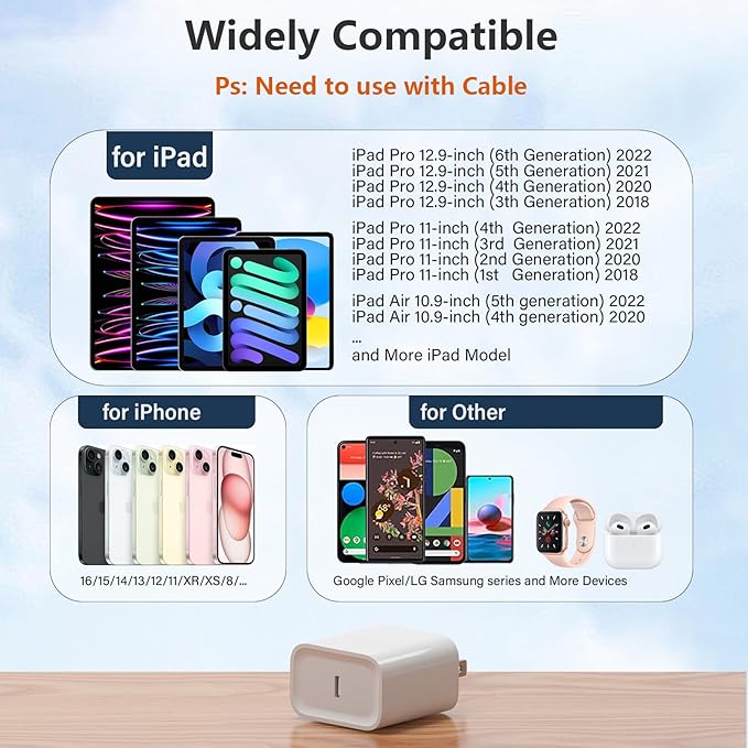 USB C Charger Block for Apple iPhone Air 17 16 15 14 13 12 11 Pro Max, 20W USBC Fast Charging Cube Plug Brick for Apple Watch iPhone iPad Airpods and More, 1Pack 1C USB-C Power Adapter, White