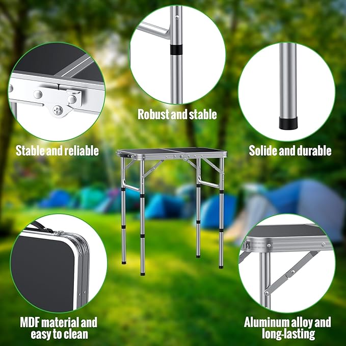 GARLLEN 2ft Folding Camping Table, Portable Folding Picnic Table with 3-Height Adjustable, Lightweight Aluminum Outdoor Tables for BBQ, Camping, Cooking, 22.8" L x 15.7" W, Silver