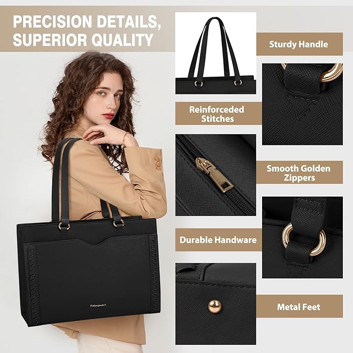 RAINSMORE Laptop Bag for Women 15.6 Inch Work Tote Bag with Detachable Strap & Bow Professional Laptop Tote with Cup Holder