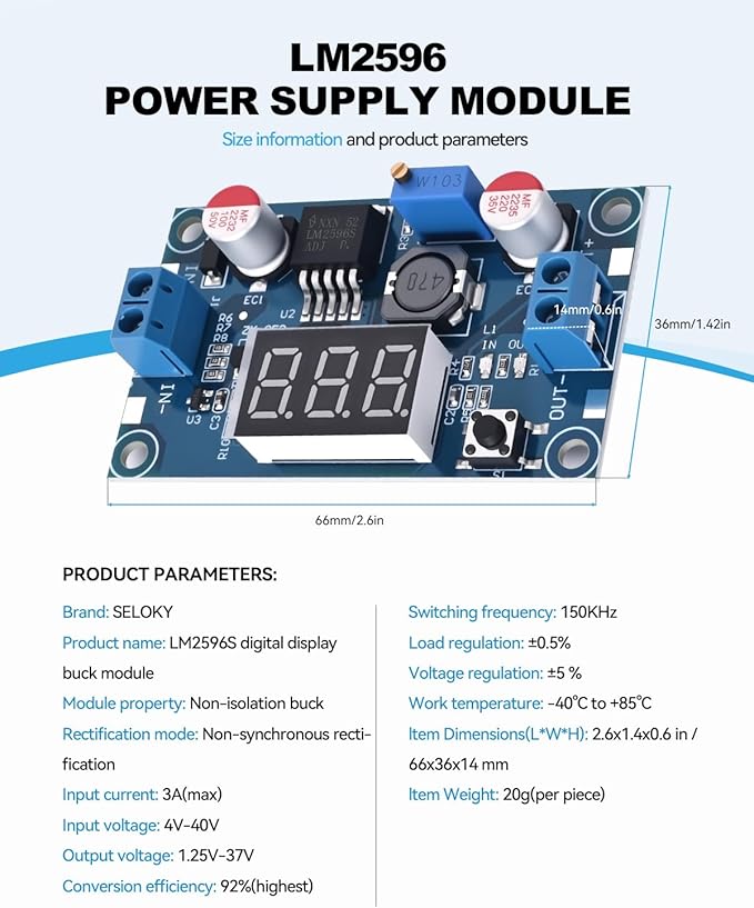 LM2596 DC-DC Buck Power Converter Module, Adjustable Voltage Regulator 4-40V to 1.25-37V Buck Converter with LED Voltmeter Display（Pack of 3）