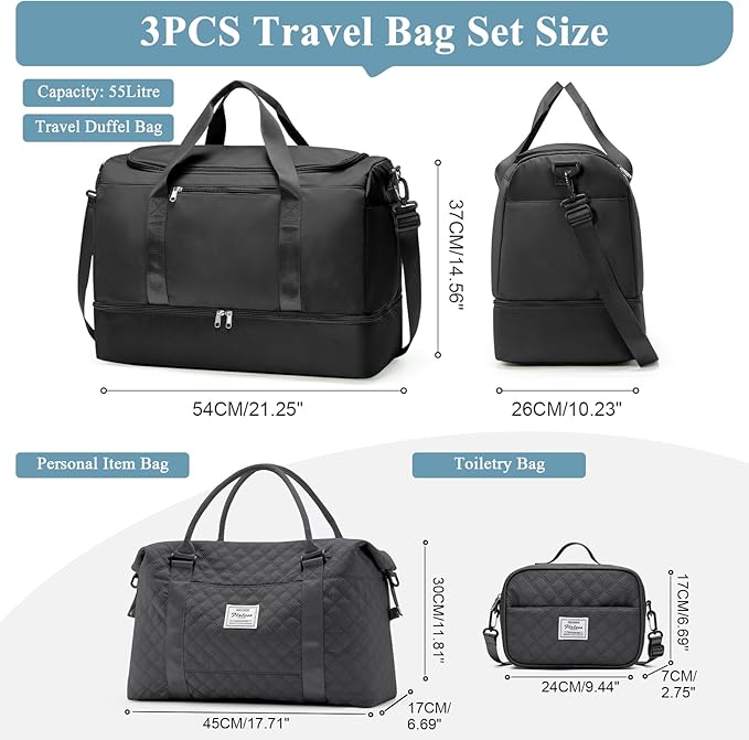 Extra Large Travel Duffle Bag,Carry on Overnight Bag with Shoes Compartment,Weekender Bags for Women for Travel Business Trips Sport Hospital,3 Pcs Set,Black