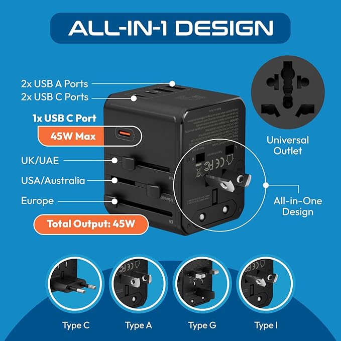 Ceptics 8 in 1 Universal Travel Adapter for EU, UK, US, AU and More, World Travel Adapter, 2X US Socket, Universal Socket, 3X USB-C and 2X USB-A, 45W Fast Charge – UP-45KU-BL