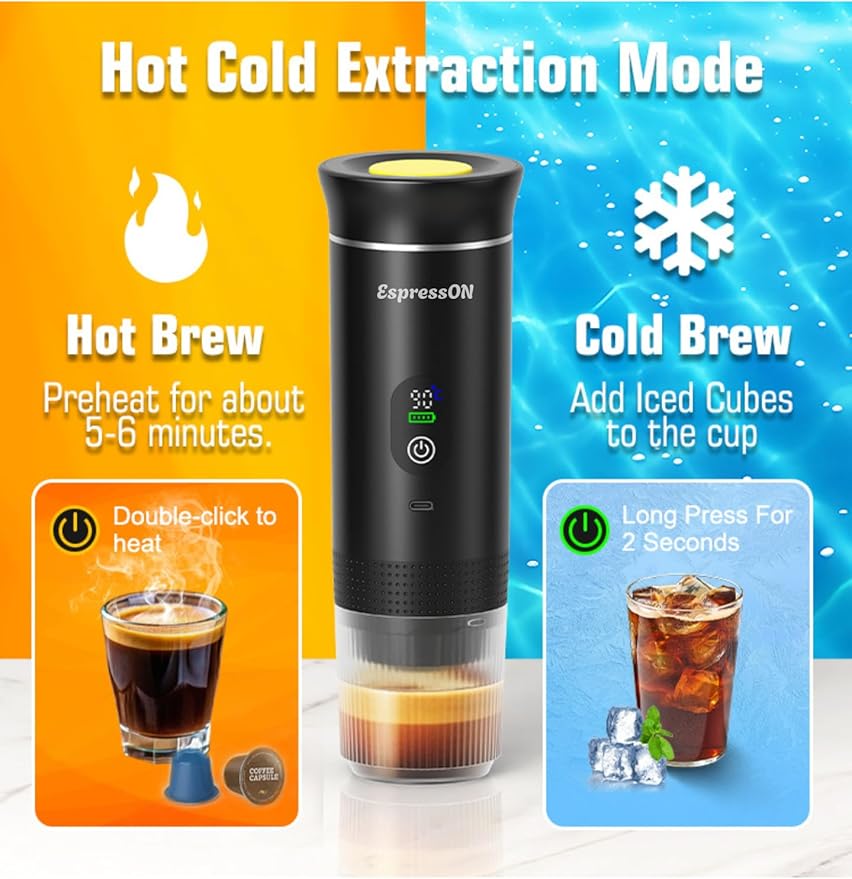 Portable 3-in-1 Espresso Coffee Maker – Self-Heating, Rechargeable USB-C & Smart LED Display, 20-Bar Extraction, Works with Ground Coffee & NS/DG Capsules, Camping (Grey)