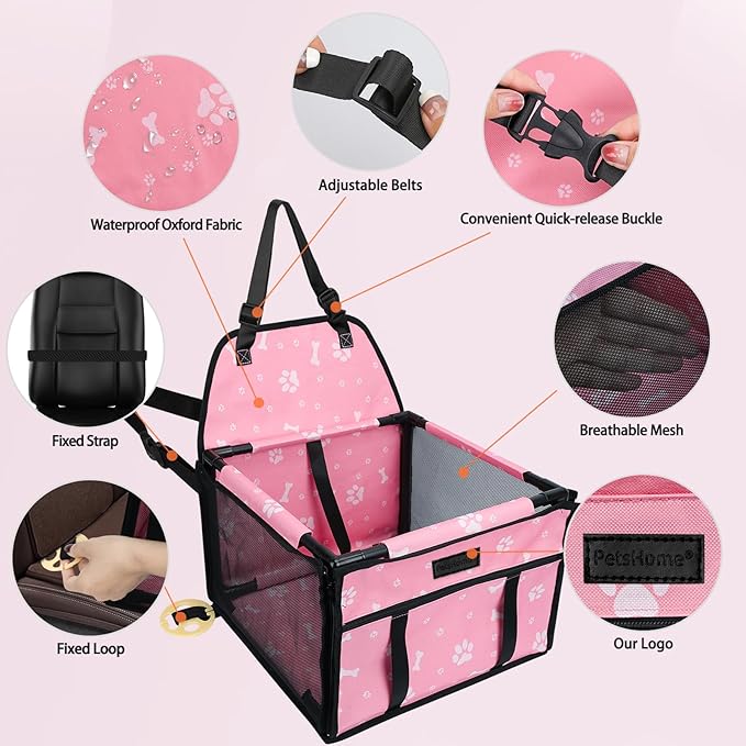 Dog Car Seat Foldable Dog Car Booster Seat Waterproof Breathable Oxford Travel Bag for Small to Medium Dogs, Puppies, and Pets-Pattern Pink-Upgrade