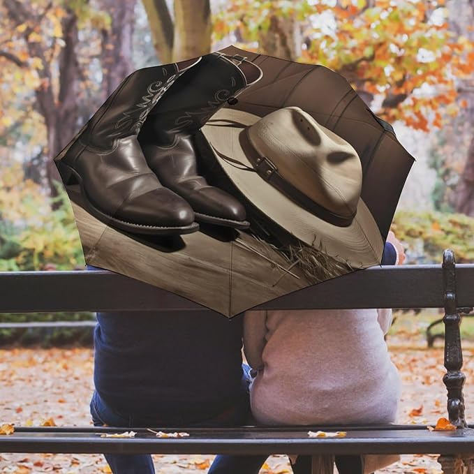 Cowboy Black Hat Western Boots Umbrellas for Rain Portable Travel Umbrellas Lightweight Automatic Windproof Folding Umbrella Compact Outdoor Beach Umbrella for Women, Men