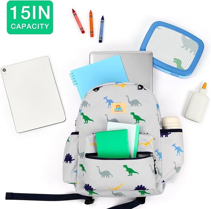 STEAMEDBUN Corduroy Kids Backpack for Boys and Girls 5-8: Boys Backpack for Elementary Kindergarten - 15 inch Cute Backpacks for Kids - Dinosaur