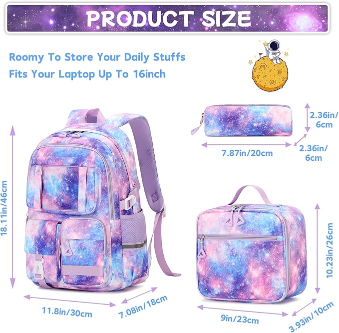 PIG PIG GIRL Backpack for Girls 3pcs Set Kids Backpack with Lunch Box Students Kawaii Book Bag for Elementary Primary Middle School Bags - Ita Backpack - Galaxy