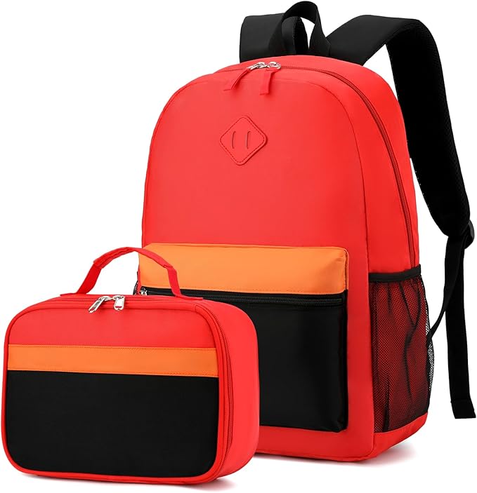 Backpack Set for Girls Boy Kids Backpack with Lunch Box for Elementary Primary Kindergarten School Bag (Red Black Set, Large)