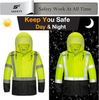 High Vis Rain Jacket, Rain Suits for Men Waterproof with Black Bottom, Class 3 Rain Coats for Men Interior Mesh, High Visibility Rain Gear, Removable Hood Orange (4XL/5XL)