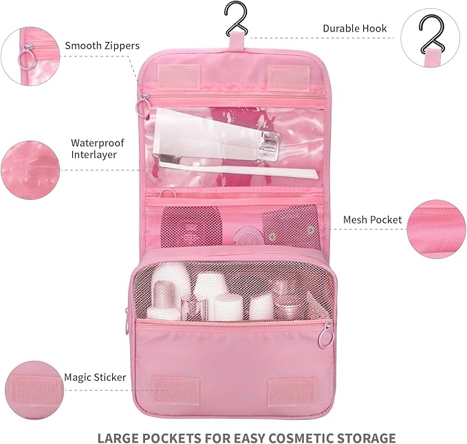 Lcsmaokin Large Capacity Toiletry Bag Travel Bag with Hanging Hook for Men and Women Waterproof Travel Cosmetic Bag Bathroom Storage Bag for Brushes Set, Full-Sized Shampoo,Accessories(Pink Stripe)