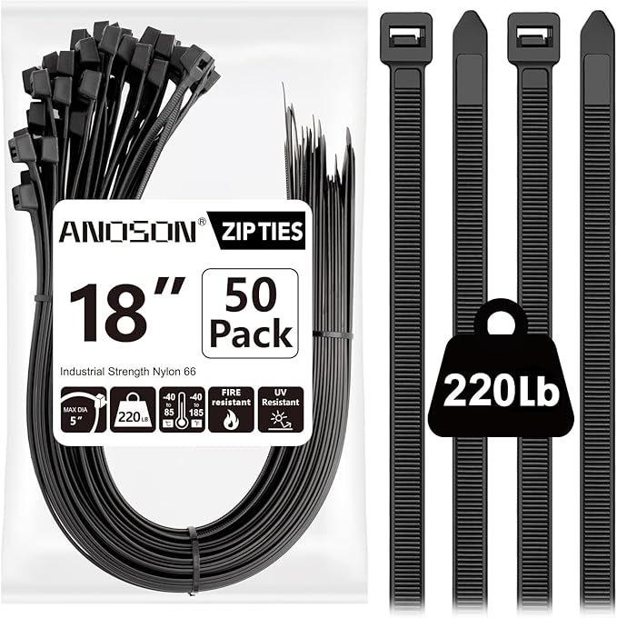 Large Zip Ties 18 inch, 50 Pack, Long Zip Ties Heavy Duty with 220 lb Tensile Strength, Big Cable Ties, Black, ANOSON