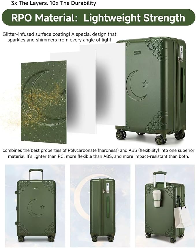 Somago Expandable Carry On luggage with Shock-Absorbing Braking Spinner Wheels Moon Star Design Hard Shell Suitcase with Cupholder TSA Lock (Army Green,Expandable 20 Inch)