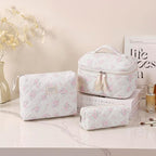 uekeboag Large Travel Quilted Makeup Bag for Women, Floral Cotton Cosmetic Bag, Coquette Aesthetic Floral Toiletry Organizer Bag