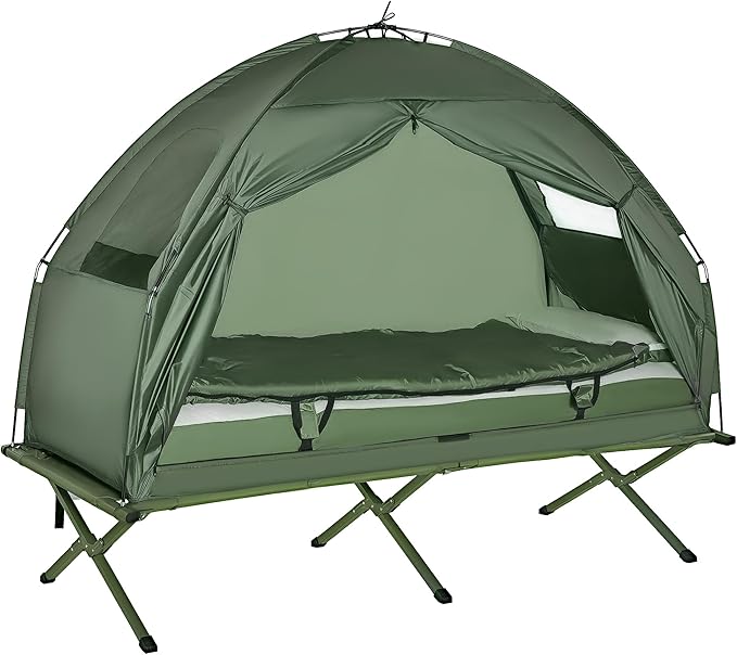 Outsunny Camping Tent Cot, Folding Tent Cot Combo with Mattress, Pillow, Sleeping Bag, Roller Carrying Bag, Off Ground Travel Camp Cot for Hiking, Backpacking