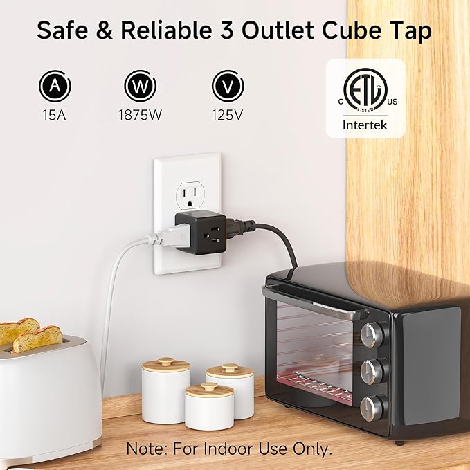 [ETL Listed] Cable Matters 3-Pack 3 Outlet Wall Adapter (Grounded Cube Tap, Outlet Splitter, 3 Way Plug Adapter, 3-Prong Power Splitter), Black