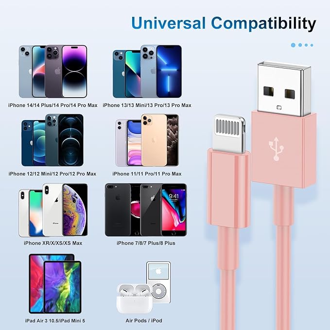 3 Pack Apple MFi Certified Charger Cable 6ft, Lightning to USB Cable Cord 6 Foot, 2.4A Fast Charging,Apple Phone Long Chargers for iPhone 13/12/11/11Pro/11Max/ X/XS/XR/XS Max/8/7/6 Pink