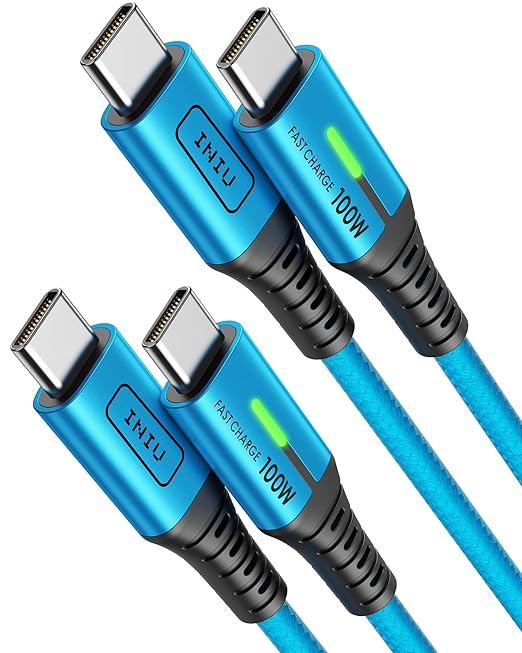 INIU 100W USB-C Cable, [6.6ft, Blue] 2-Pack USB C Cable to USB C Fast Charging Cord, Braided Type C Charger Cable for iPhone 17 16 15 Pro Max Samsung S25 S24 Laptops MacBook iPad Air Switch etc.