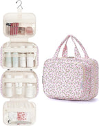 Narwey Hanging Toiletry Bag for Women Travel Makeup Bag Organizer Toiletries Bag for Travel Size Essentials Accessories Cosmetics (Pink Flower (Medium))