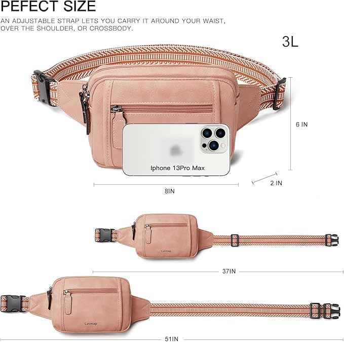 LATMAP 3L TRIPLE ZIP Fanny Packs Belt Bag For Women Men Crossbody Waist Pack Sling Chest Bum Travel Bag Purse Faux Leather Fashion Cute Light Pink