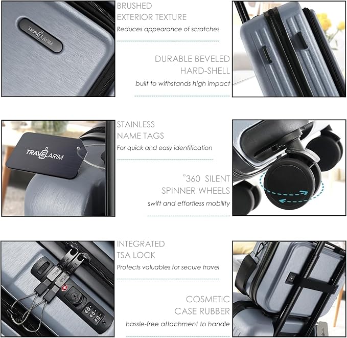 22 Inch Carry On Luggage 22x14x9 Airline Approved, Carry On Suitcase with Wheels, Hard-shell Carry-on Luggage, Grey Small Suitcase, Hardside Luggage Carry On with Cosmetic Carry On Bag