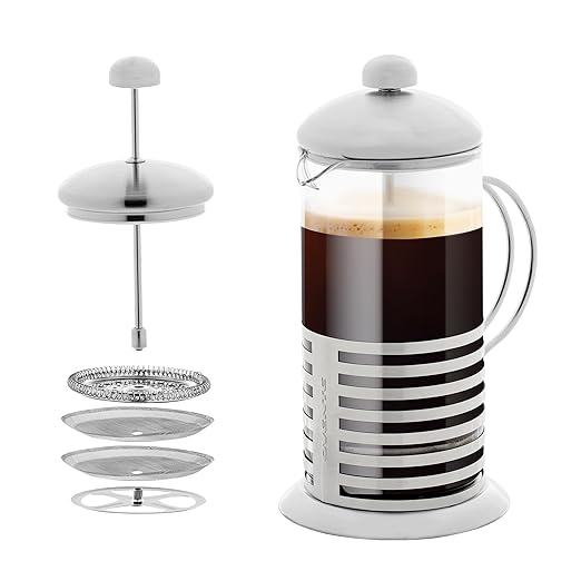 OVENTE French Press Coffee Maker 34 Ounce with Heat Resistant Borosilicate Glass, Stainless Steel Design and 4-Level Filter System, Portable Cold Brewer Pot for Travel, Camping or Gift, Silver FSH34S