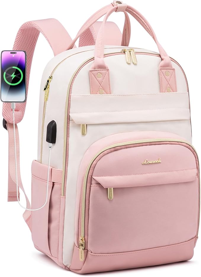 LOVEVOOK Laptop Backpack Women with USB Port Design,18.4 inch Waterproof Work Travel Backpack Computer Laptop Bag,Cute College Nurse Teacher Backpack Purse,Gifts for Women & Men,Beige-Pink-Pink