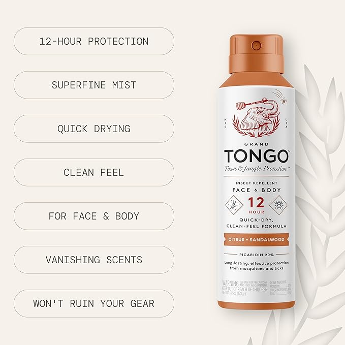 Grand Tongo Citrus + Sandalwood Insect Repellent, 12-Hour Mosquito & Tick Protection, Picaridin-Based, Water-Based, Lightweight, Quick-Drying, Vanishing Scent, DEET Alternative, Face & Body Use,3 Pack