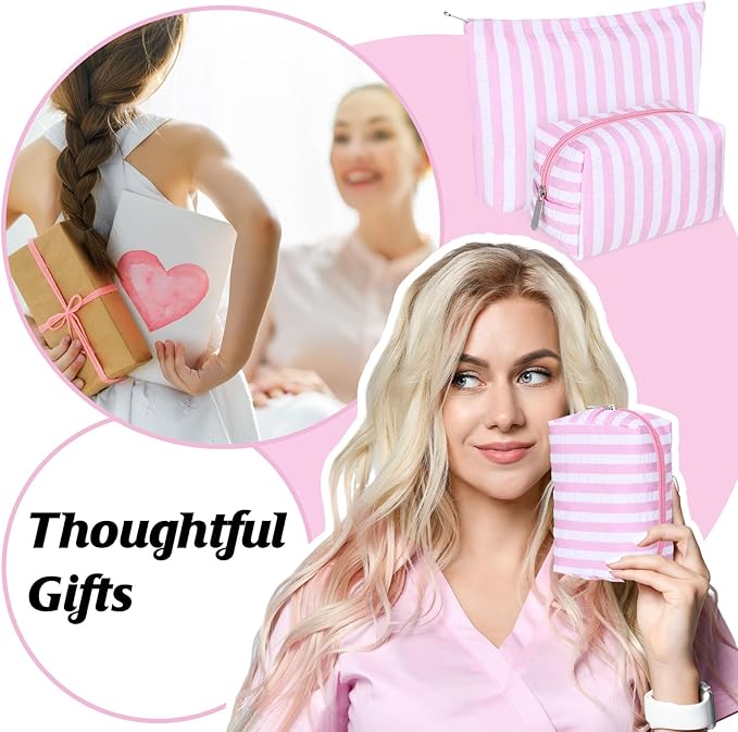Huhumy 2 Pcs Makeup Bag Set Cute Cosmetic Pouch for Women Seersucker Travel Toiletry Bag Preppy Small Makeup Purse Pouch Aesthetic Skincare Brushes Storage Organizer for Valentine Women(Pink Wide)