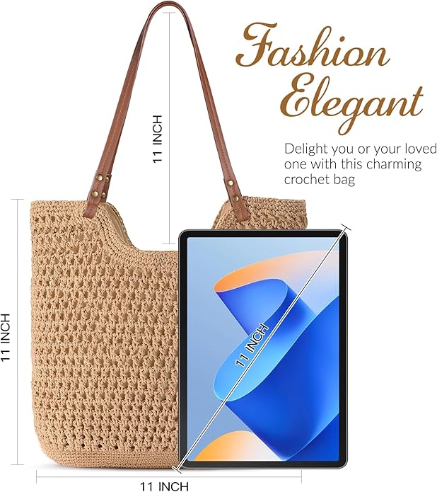 Pleneal Crochet Beach Bag, Summer Woven Tote Bag with Lining, Soft Purse Shoulder Bags for Vacation