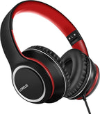 LORELEI X8 Over-Ear Wired Headphones with Microphone with 1.45m-Tangle-Free Nylon Line&3.5mm Plug,Lightweight Foldable & Portable Headphones for Smartphone,Tablet,Computer,Mp3/4(Black-red)