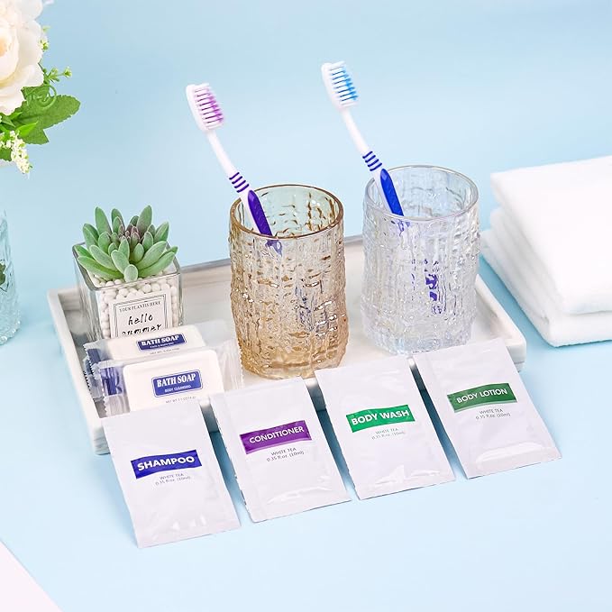 5IN1 Toiletries Bulk Travel Size Set(50 Pcs) 5-Piece Set: 10pcs Travel Size Body Wash, 10pcs Hotel Shampoo, 10pcs Mini Conditioner, 10pcs Body Lotion, 10psc Bar Soap, Bulk Mini Guest Amenities Supply