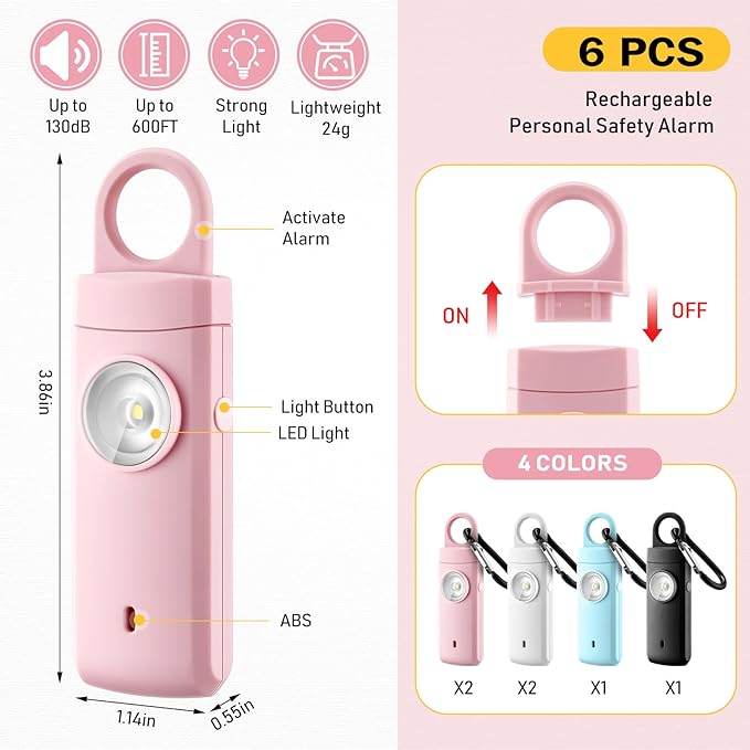 Tellegloww 6 Pcs Rechargeable Personal Safety Alarm for Women, 130db Personal Alarm Protection Keychains Loud Siren with LED Self Defense Keychain for Senior Mom Gift(White,Pink,Bule,Black,Keychain)