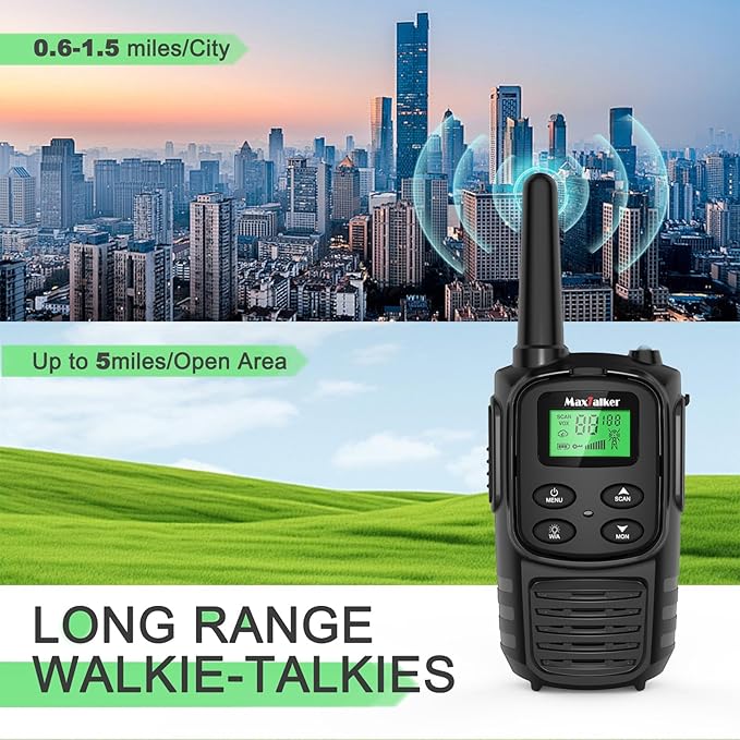 MaxTalker Walkie Talkies Long Range for Adult, MT10 Rechargeable Walkie Talkies FRS Two Way Radio, NOAA, 1200mAh Li-ion Battery USB-C Cable, LED Flashlight, VOX Walkie Talkie for Hiking Camping 2Pack