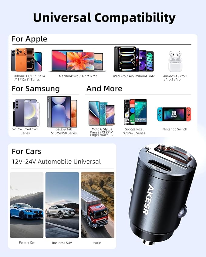 AKESR 65W USB C Car Charger Fast Charging，12V USB Outlet Accesorios para Carro，Cigarette Lighter USB Charger，Car Phone Charger for iPhone/17/16/15/14/13 Samsung S25 S24 S23Google Android