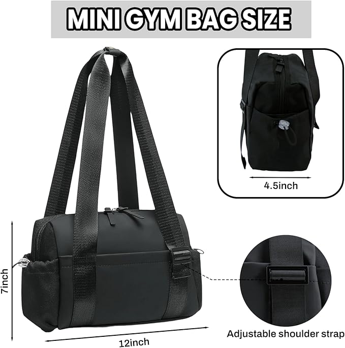 Mini Gym Bag for Women Mini Duffle Bag with Wet Compartment Waterproof, small gym bag for women, Cute Gym Tote Bag (Black)