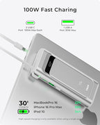 TALIX 100W Laptop Portable Charger,3-Port USB-C Fast Charging Power Bank 10000mAh Battery Pack with Built-in Retractable Cables for MacBook,Computer,Cell Phones,iPhone 17,iPad,Android,Samsung,Silver