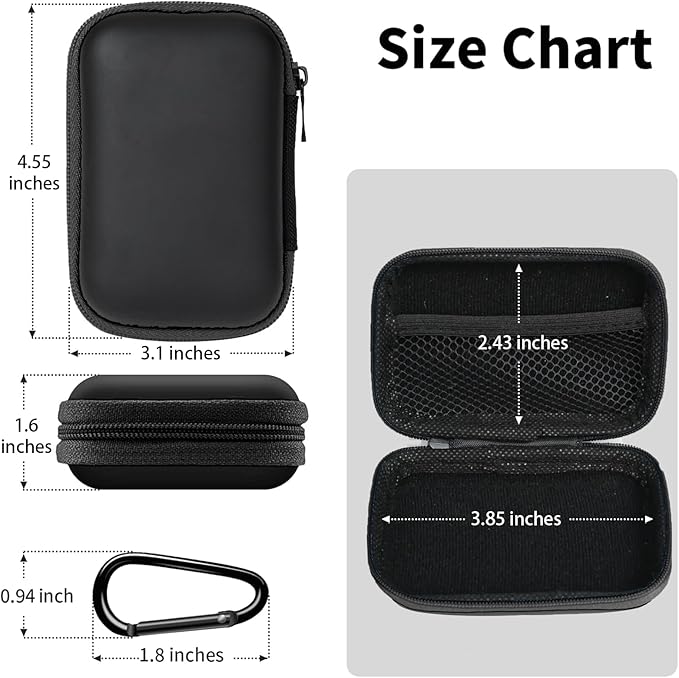 Earbud Case Portable EVA Storage Bag Cell Phone Accessories Organizer with Carabiner for Wired/Wireless Earphone, Earbud, Earpieces, SD Memory Card, Camera Chips, Tech Pouch, Rectangle, Black