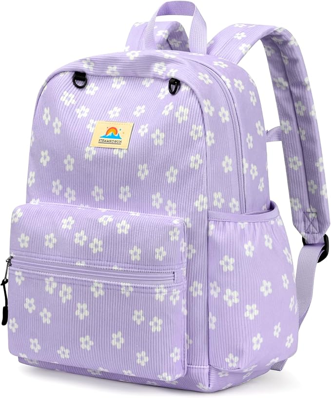 STEAMEDBUN Corduroy Kids Backpack for Girls and Boys 5-8: Girls Backpack for Elementary Kindergarten - 15 inch Cute Backpacks for Kids - Floral